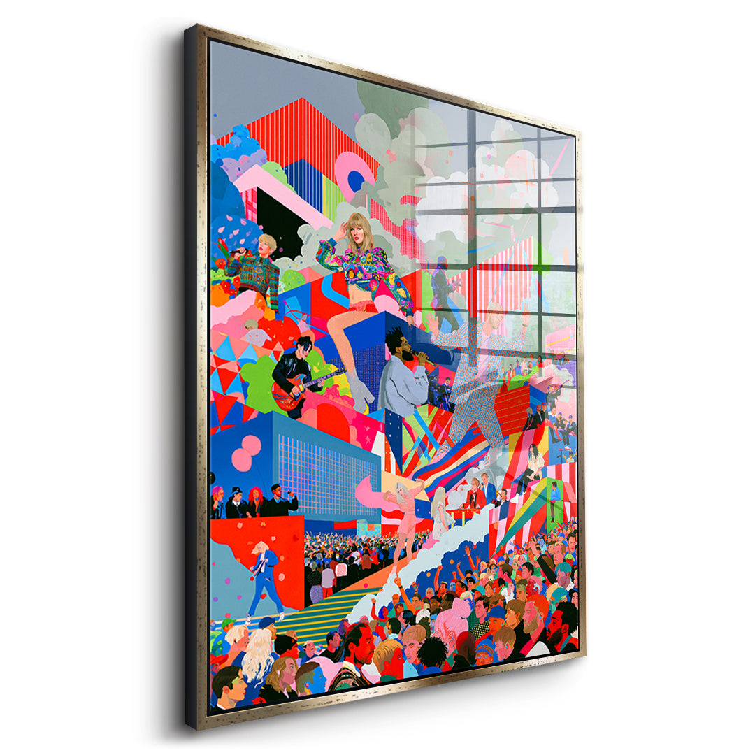 Seitenansicht des Acrylglasbilds Pop Stage Collage im goldenen Rahmen