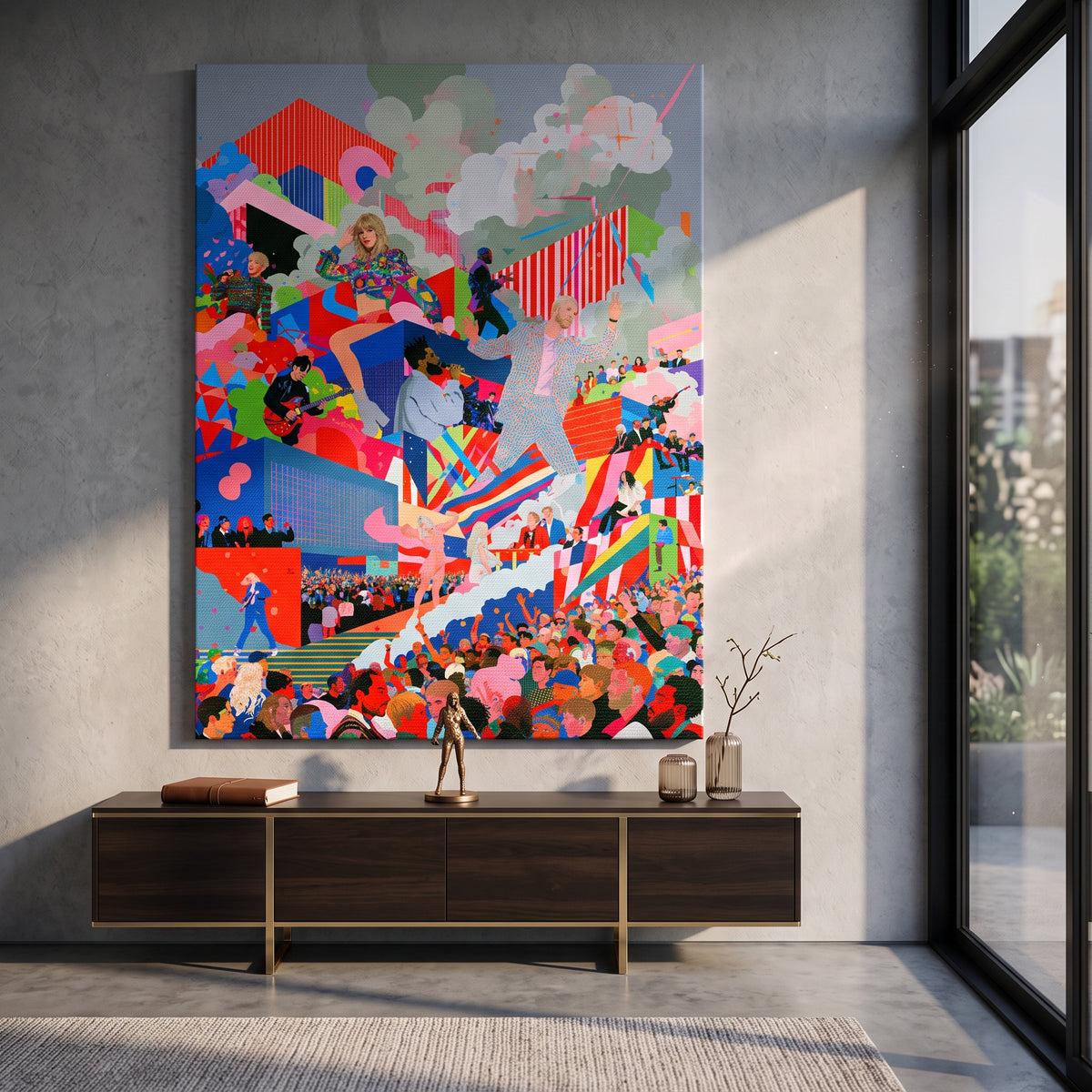 Leinwandbild Pop Stage Collage an der Wand eines modernen Wohnraums