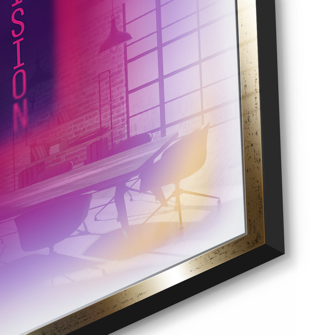 Detailaufnahme des 5mm Acrylglases, Vision Aura im goldenen Rahmen