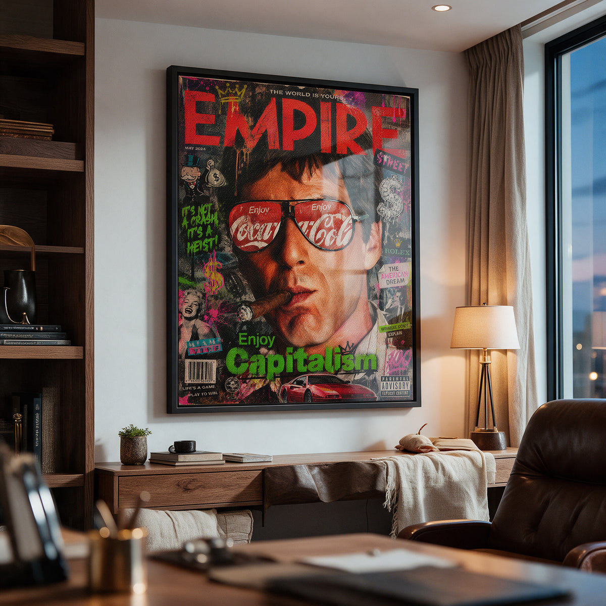 Acrylglasbild Enjoy Capitalism Empire an der Wand eines modernen Wohnraums