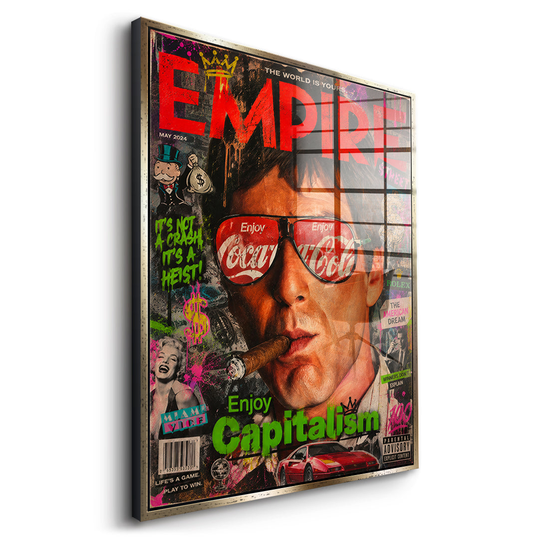 Seitenansicht des Acrylglasbilds Enjoy Capitalism Empire im goldenen Rahmen