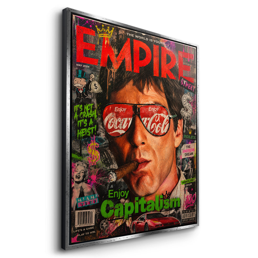 Seitenansicht des Leinwandbilds Enjoy Capitalism Empire im silbernen Rahmen