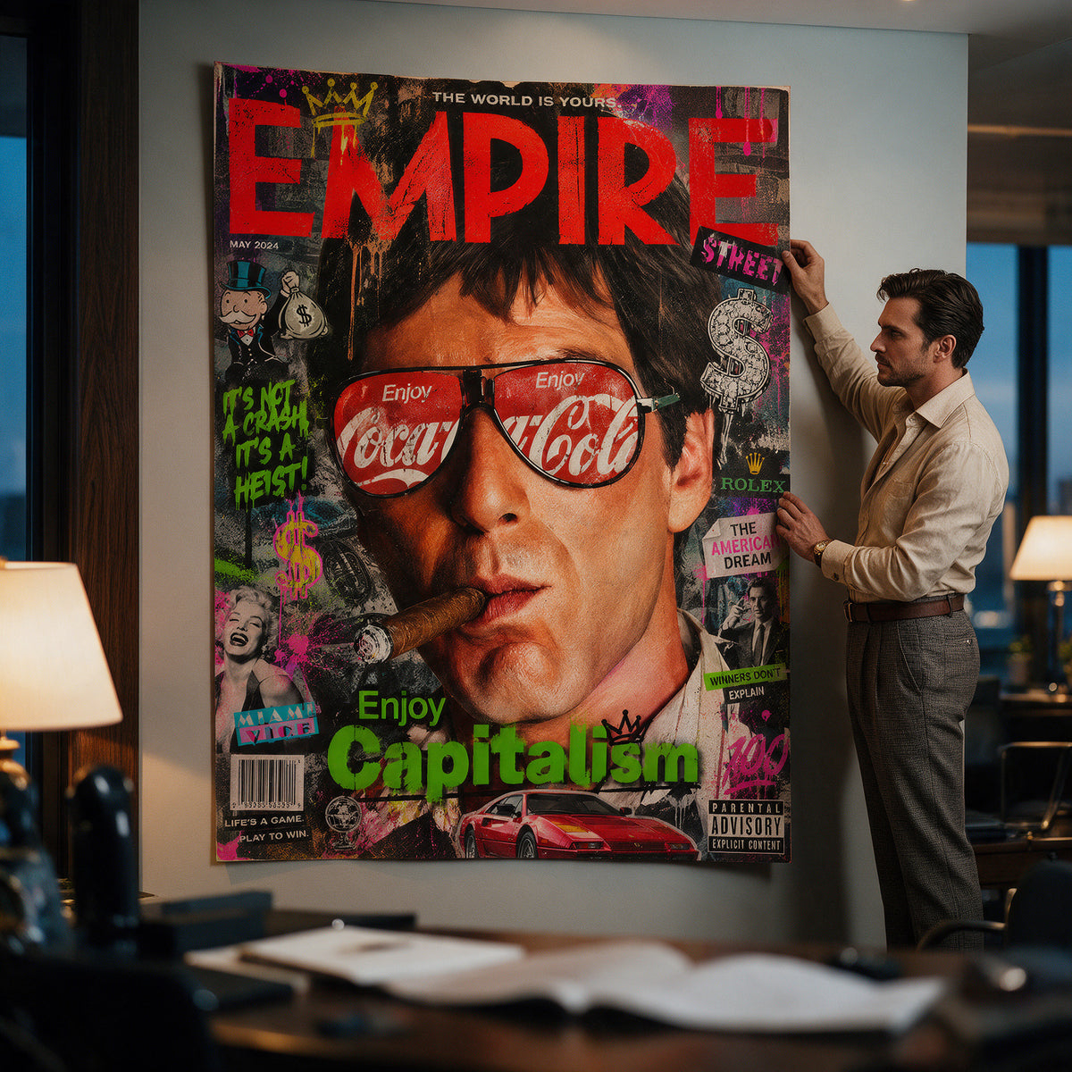 Poster Enjoy Capitalism Empire an der Wand eines modernen Wohnraums