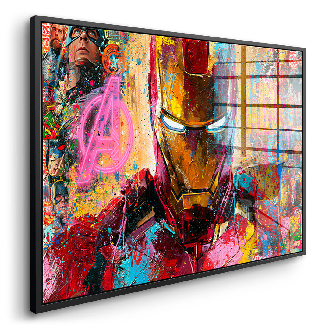 Seitenansicht des Acrylglasbilds Iron Legend im schwarzen Rahmen