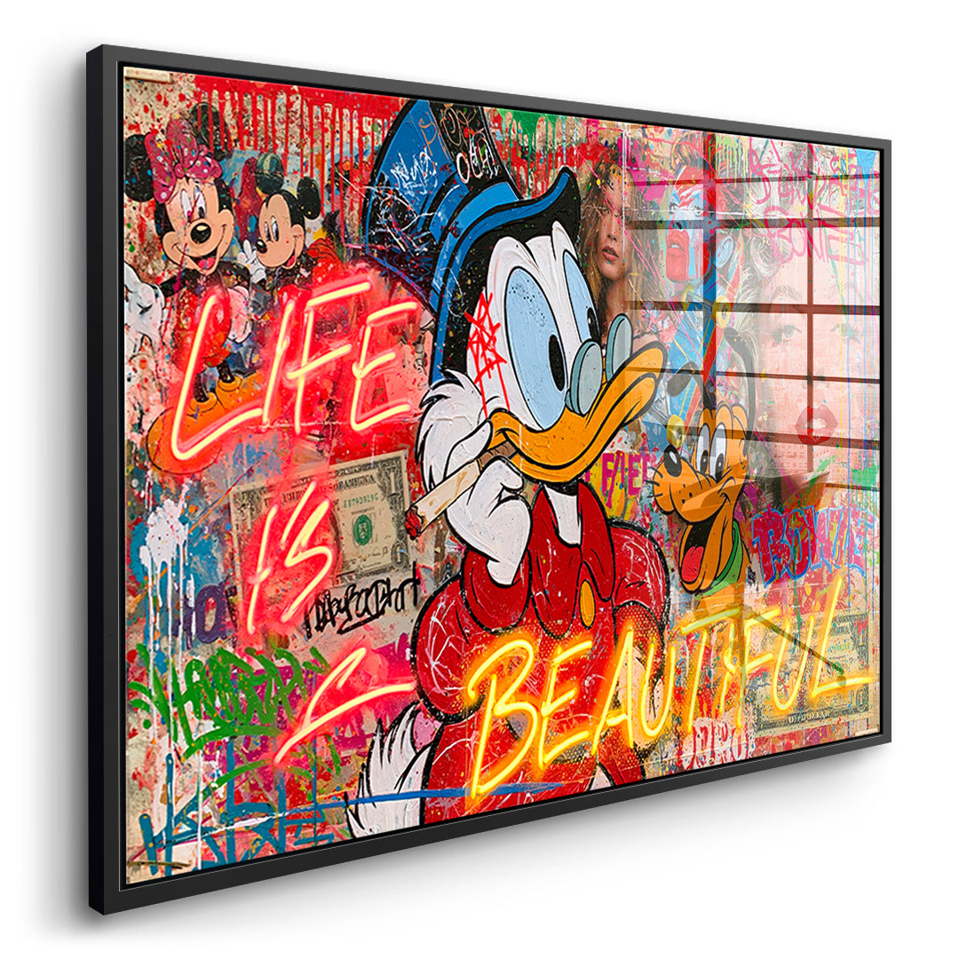 Seitenansicht des Acrylglasbilds Life Is Beautiful Graffiti im schwarzen Rahmen