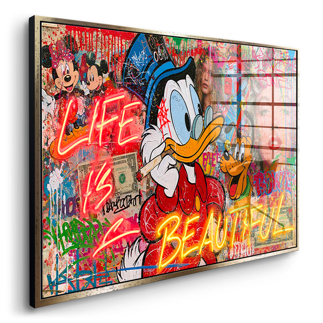 Seitenansicht des Acrylglasbilds Life Is Beautiful Graffiti im goldenen Rahmen
