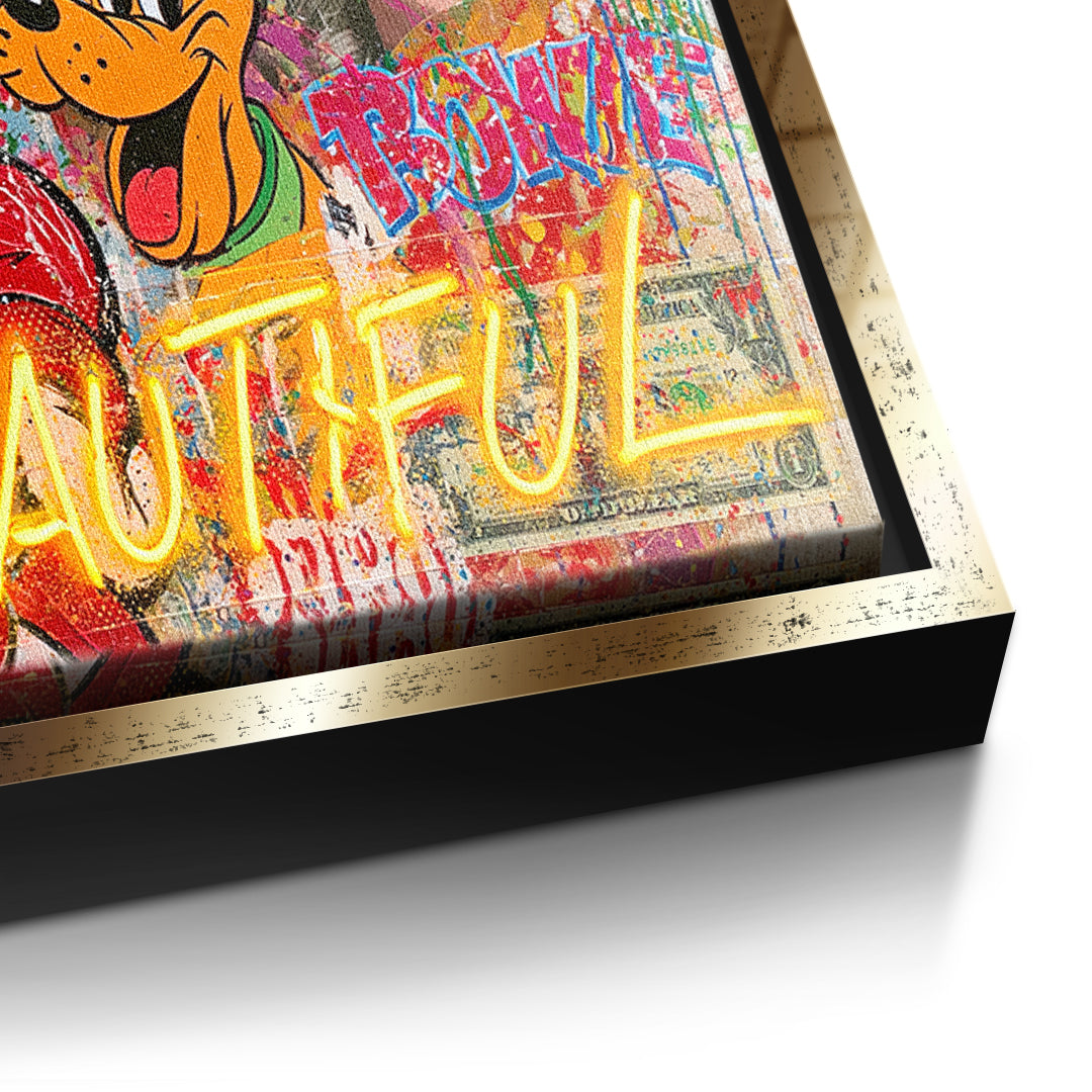 Detailaufnahme der Leinwandstruktur, Life Is Beautiful Graffiti im goldenen Rahmen