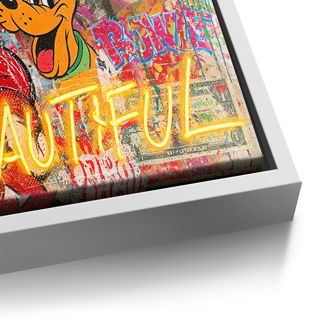 Detailaufnahme der Leinwandstruktur, Life Is Beautiful Graffiti im weißen Rahmen