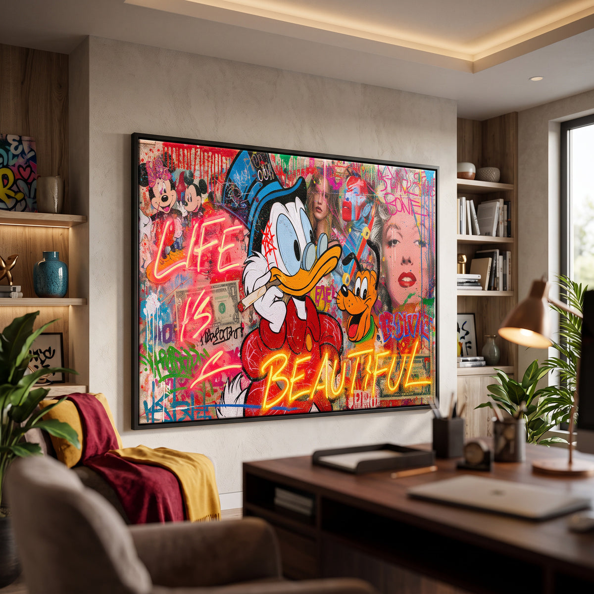 Leinwandbild Life Is Beautiful Graffiti an der Wand eines modernen Wohnraums