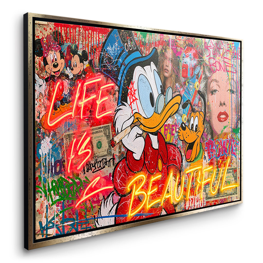 Seitenansicht des Leinwandbilds Life Is Beautiful Graffiti im goldenen Rahmen
