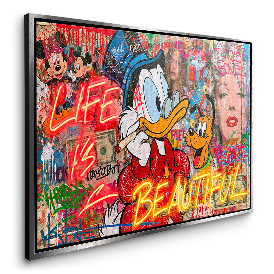 Seitenansicht des Leinwandbilds Life Is Beautiful Graffiti im silbernen Rahmen