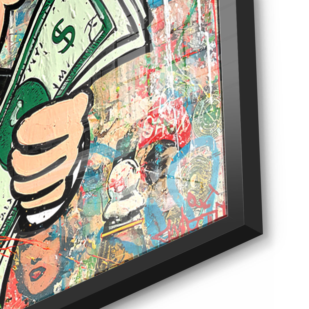 Detailaufnahme des 5mm Acrylglases, Making Money Is An Art Graffiti im schwarzen Rahmen