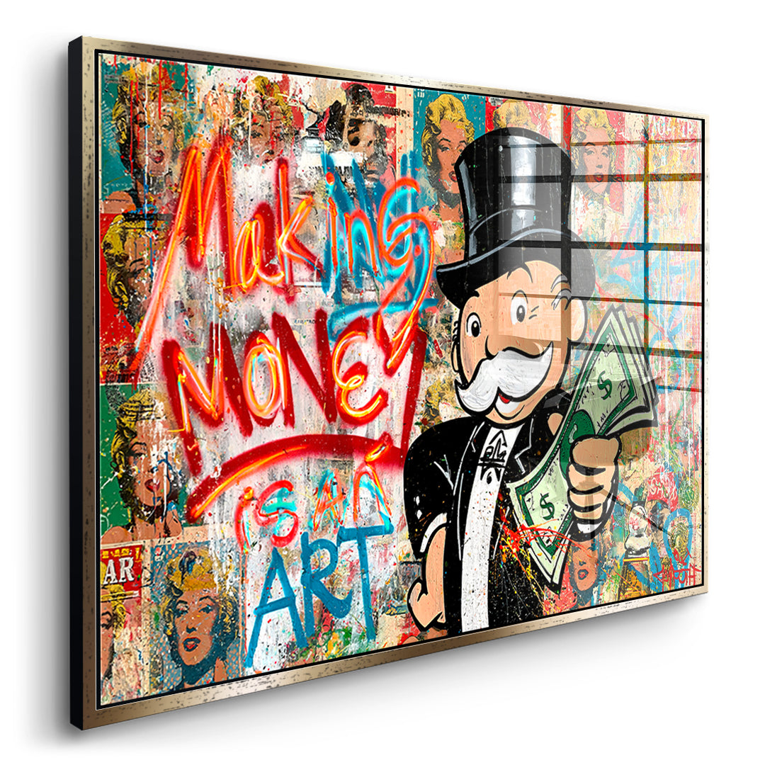 Seitenansicht des Acrylglasbilds Making Money Is An Art Graffiti im goldenen Rahmen