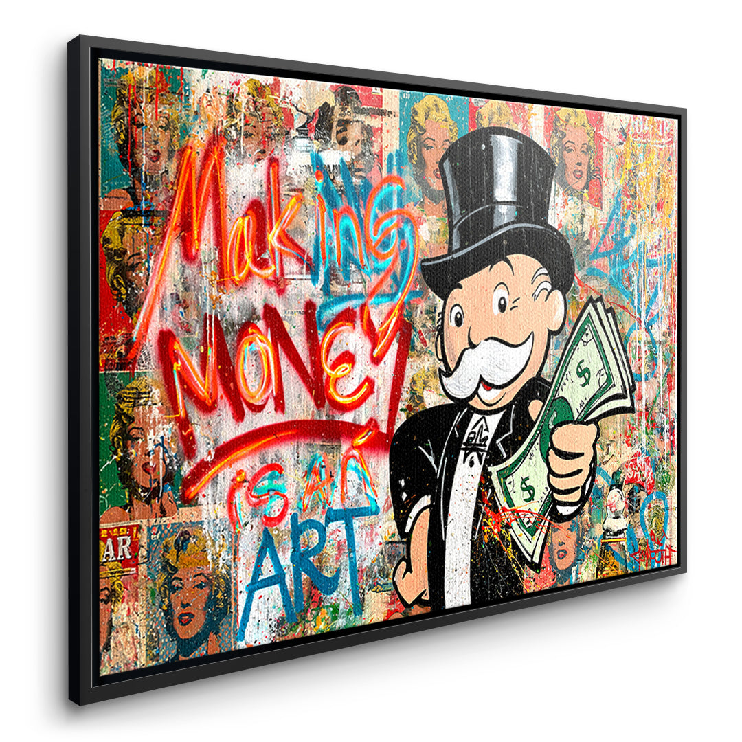 Seitenansicht des Leinwandbilds Making Money Is An Art Graffiti im schwarzen Rahmen