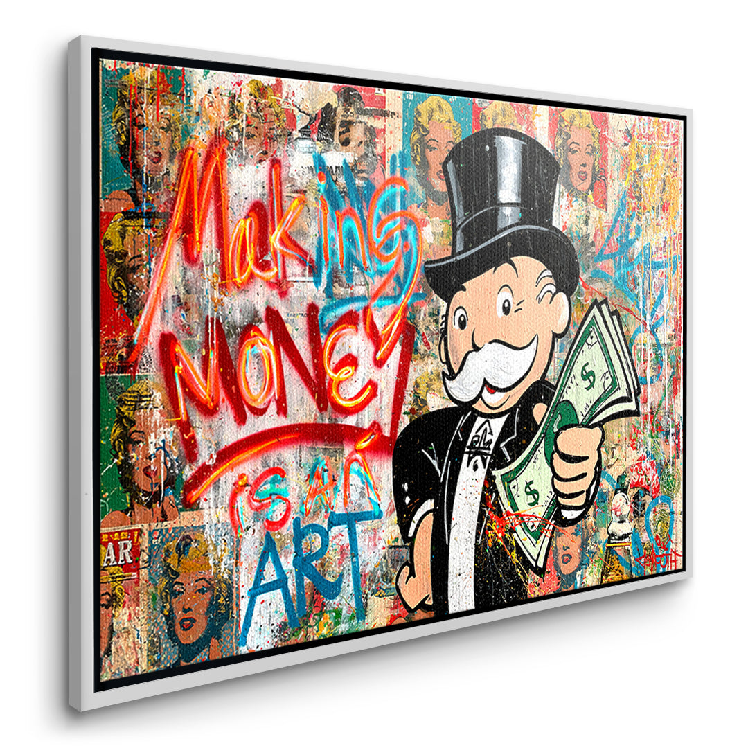 Seitenansicht des Leinwandbilds Making Money Is An Art Graffiti im weißen Rahmen