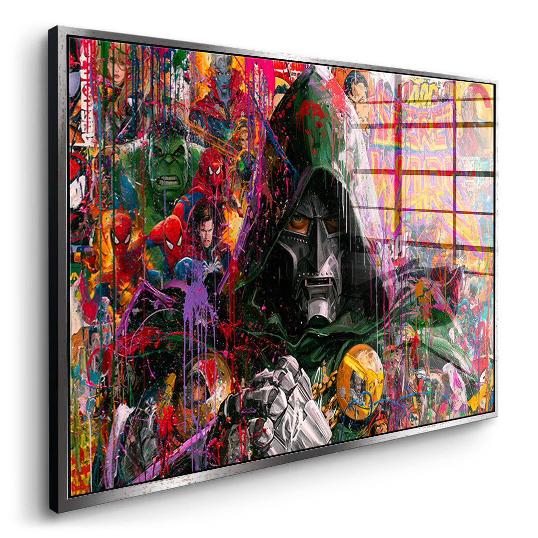 Seitenansicht des Acrylglasbilds Iron Mask im silbernen Rahmen