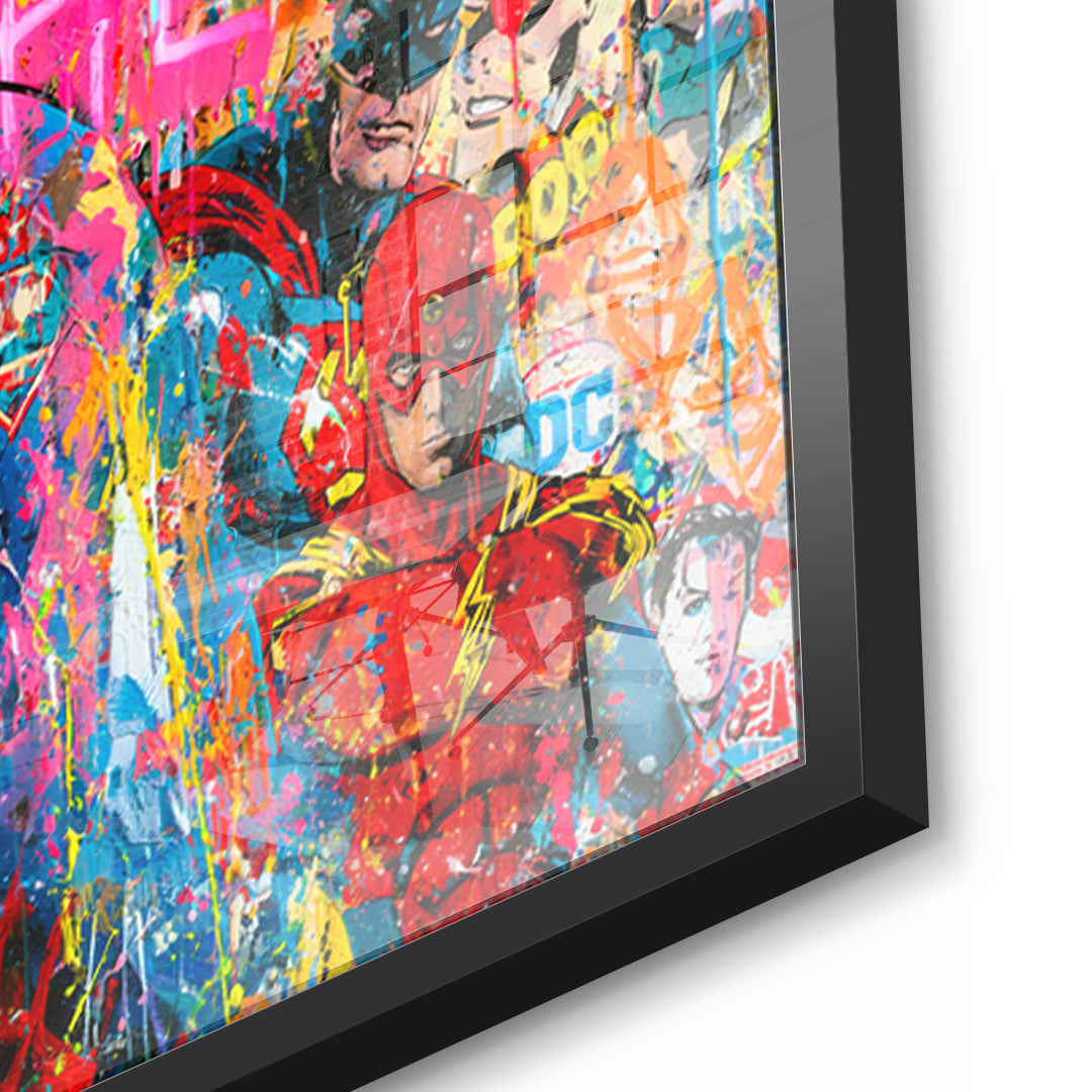 Detailaufnahme des 5mm Acrylglases, We Are All Heroes im schwarzen Rahmen