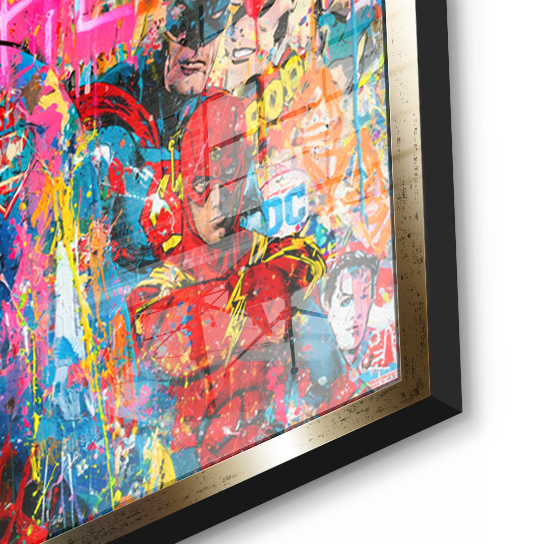 Detailaufnahme des 5mm Acrylglases, We Are All Heroes im goldenen Rahmen