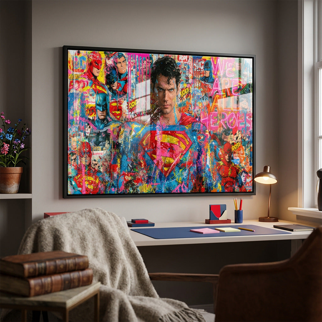Acrylglasbild We Are All Heroes an der Wand eines modernen Wohnraums