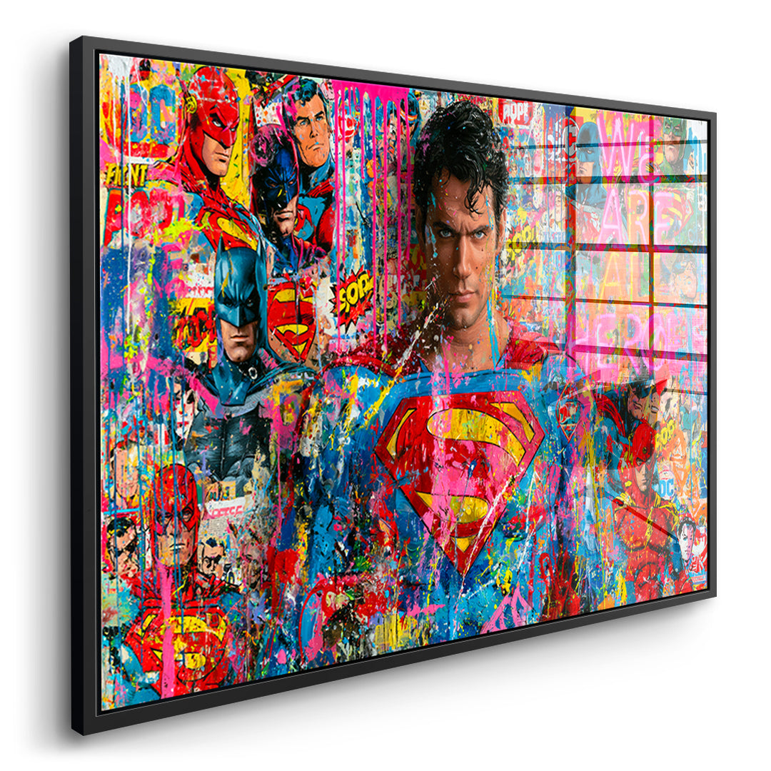 Seitenansicht des Acrylglasbilds We Are All Heroes im schwarzen Rahmen