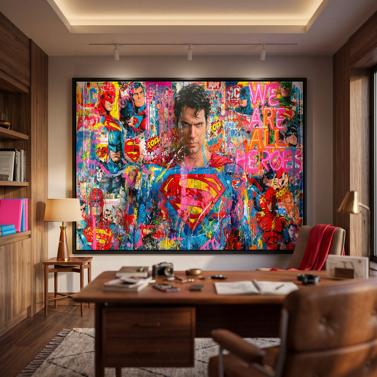 Leinwandbild We Are All Heroes an der Wand eines modernen Wohnraums, zweite Ansicht
