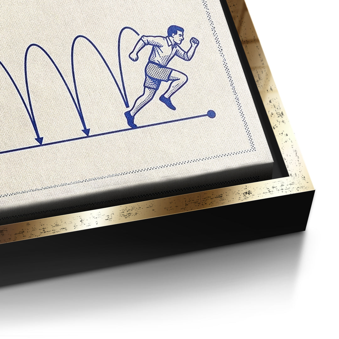 Detailaufnahme der Leinwandstruktur, Motivation Discipline Obsession im goldenen Rahmen