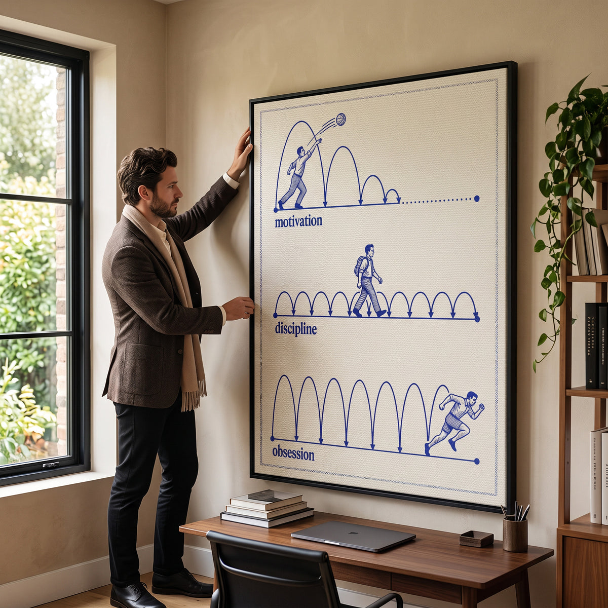 Leinwandbild Motivation Discipline Obsession an der Wand eines modernen Wohnraums, zweite Ansicht