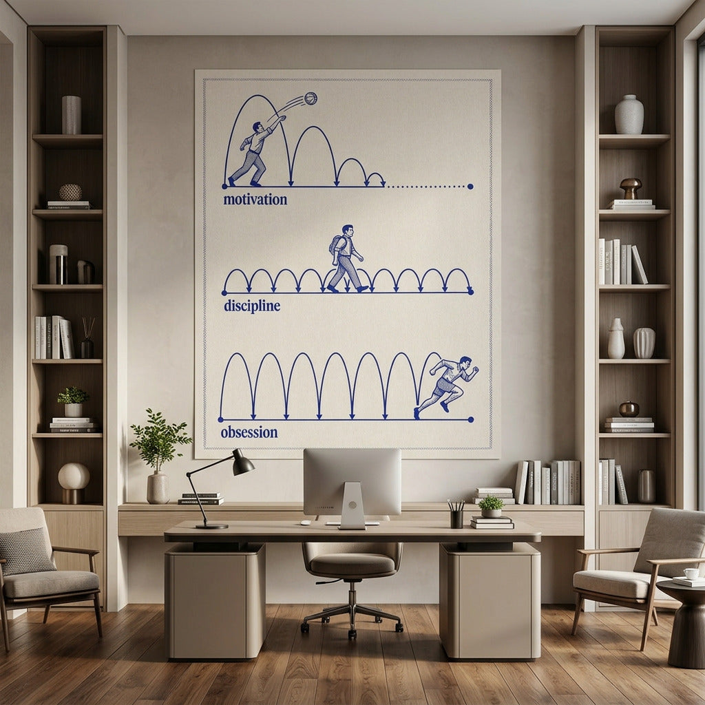 Poster Motivation Discipline Obsession an der Wand eines modernen Wohnraums