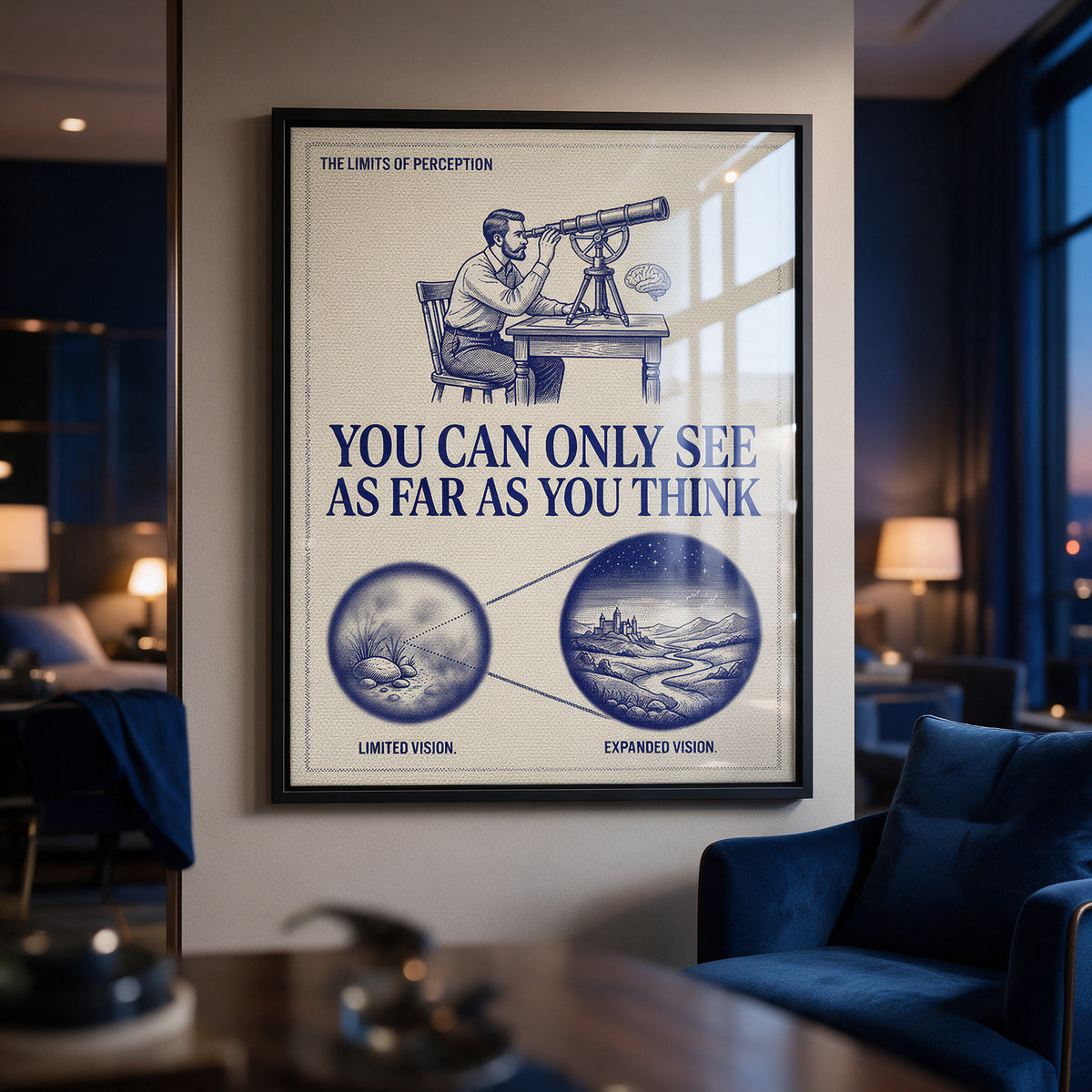 Acrylglasbild See As Far As You Think an der Wand eines modernen Wohnraums