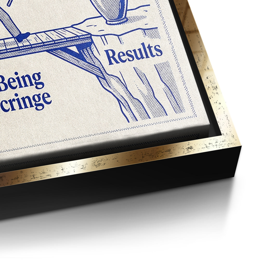 Detailaufnahme der Leinwandstruktur, Being Cringe im goldenen Rahmen