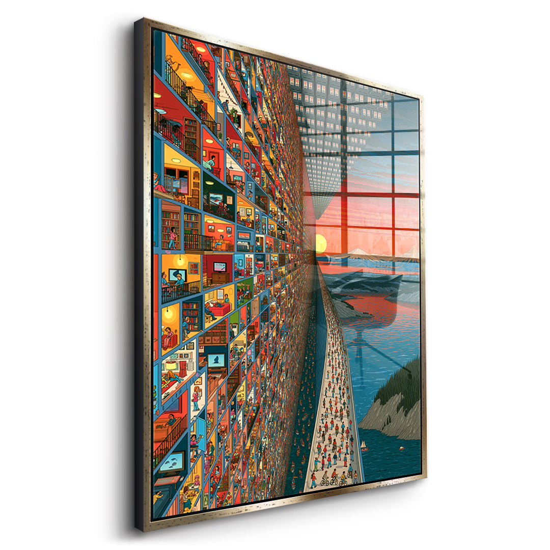 Seitenansicht des Acrylglasbilds City Of Windows im goldenen Rahmen