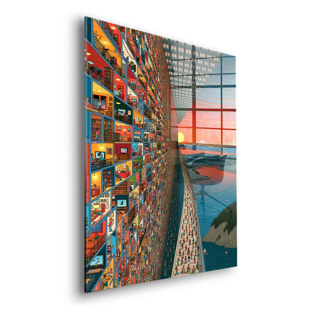 Seitenansicht des Acrylglasbilds City Of Windows ohne Rahmen