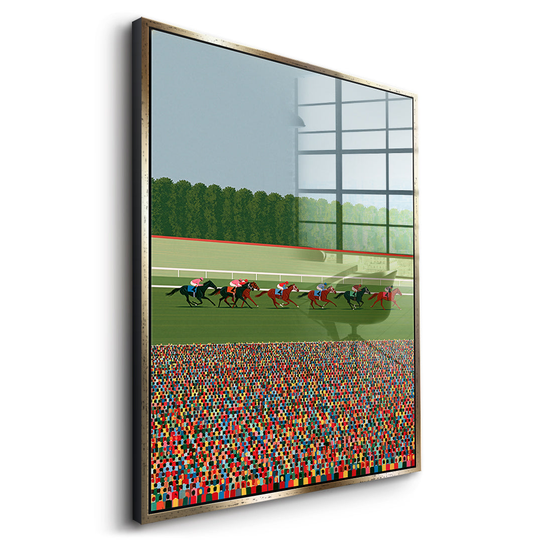 Seitenansicht des Acrylglasbilds Race Day im goldenen Rahmen