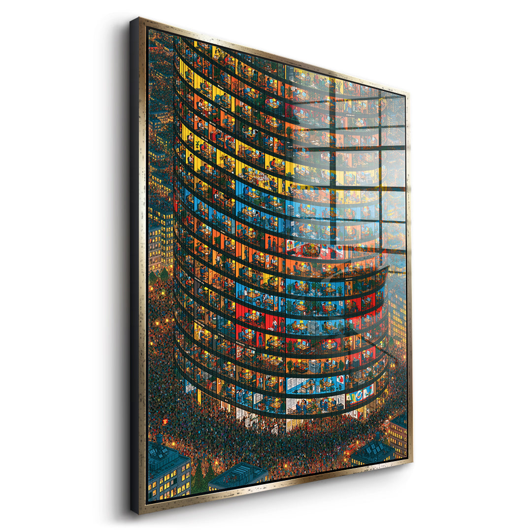 Seitenansicht des Acrylglasbilds Tower Of Lives im goldenen Rahmen