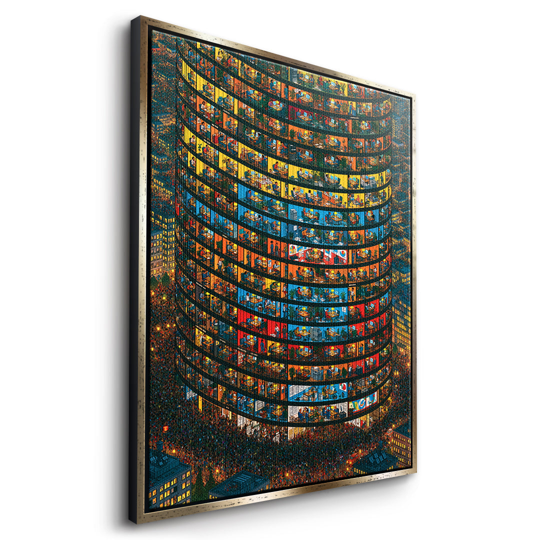 Seitenansicht des Leinwandbilds Tower Of Lives im goldenen Rahmen