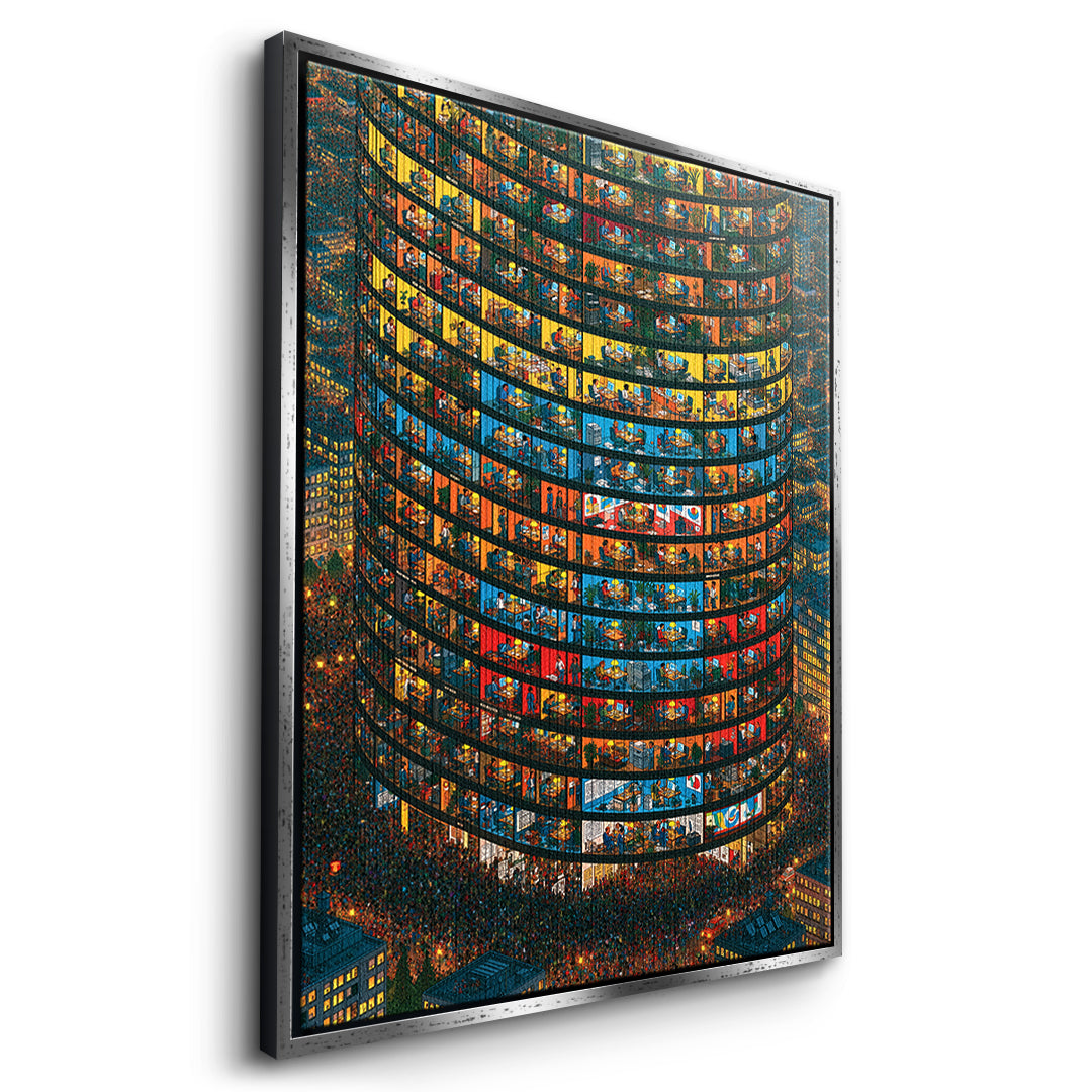 Seitenansicht des Leinwandbilds Tower Of Lives im silbernen Rahmen