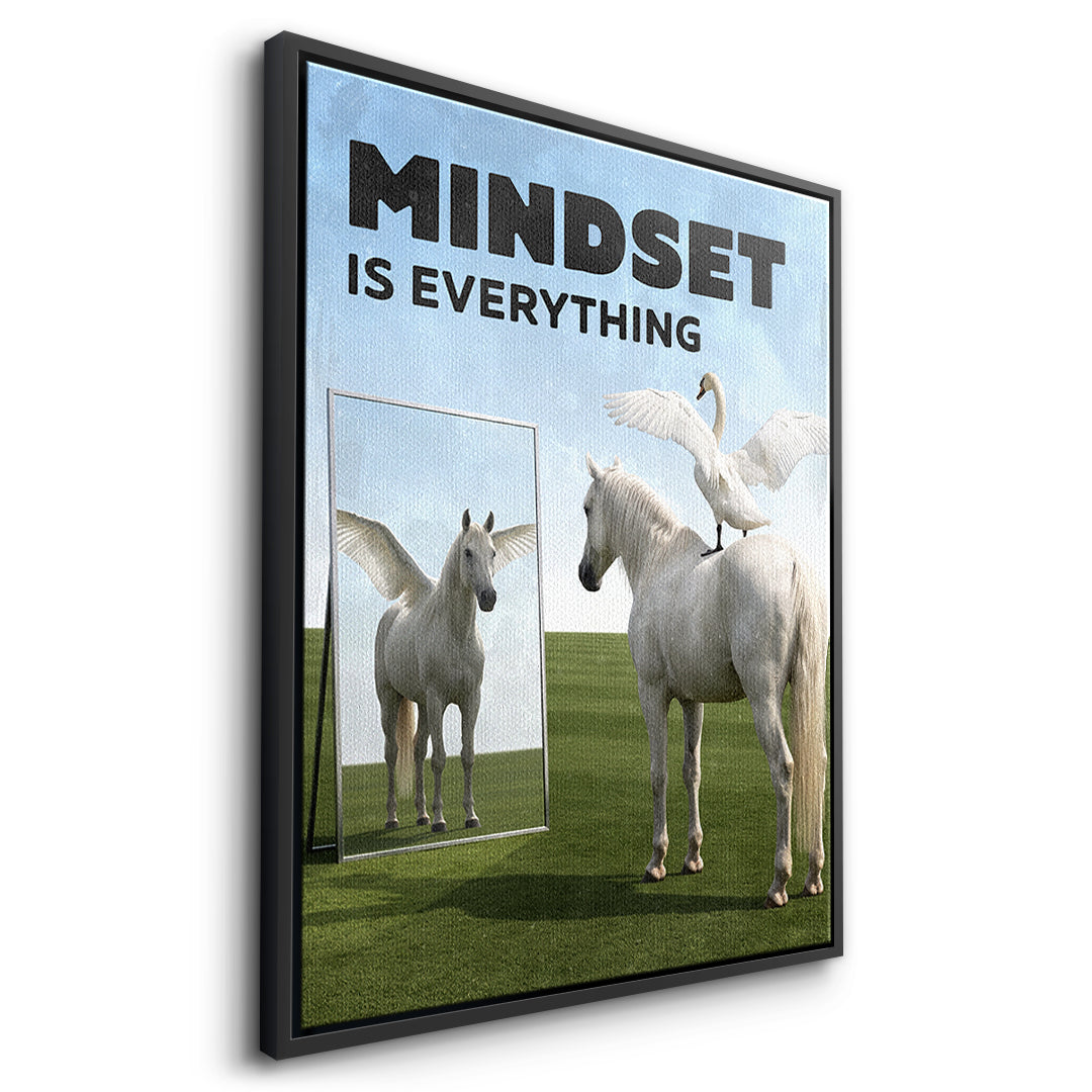 Seitenansicht des Leinwandbilds Mindset Is Everything Pegasus im schwarzen Rahmen