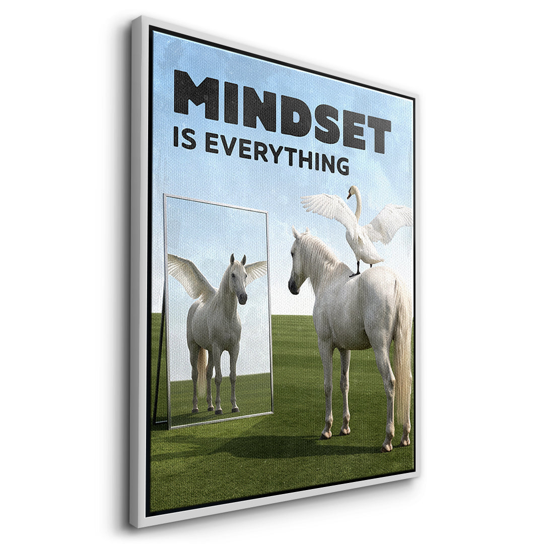 Seitenansicht des Leinwandbilds Mindset Is Everything Pegasus im weißen Rahmen