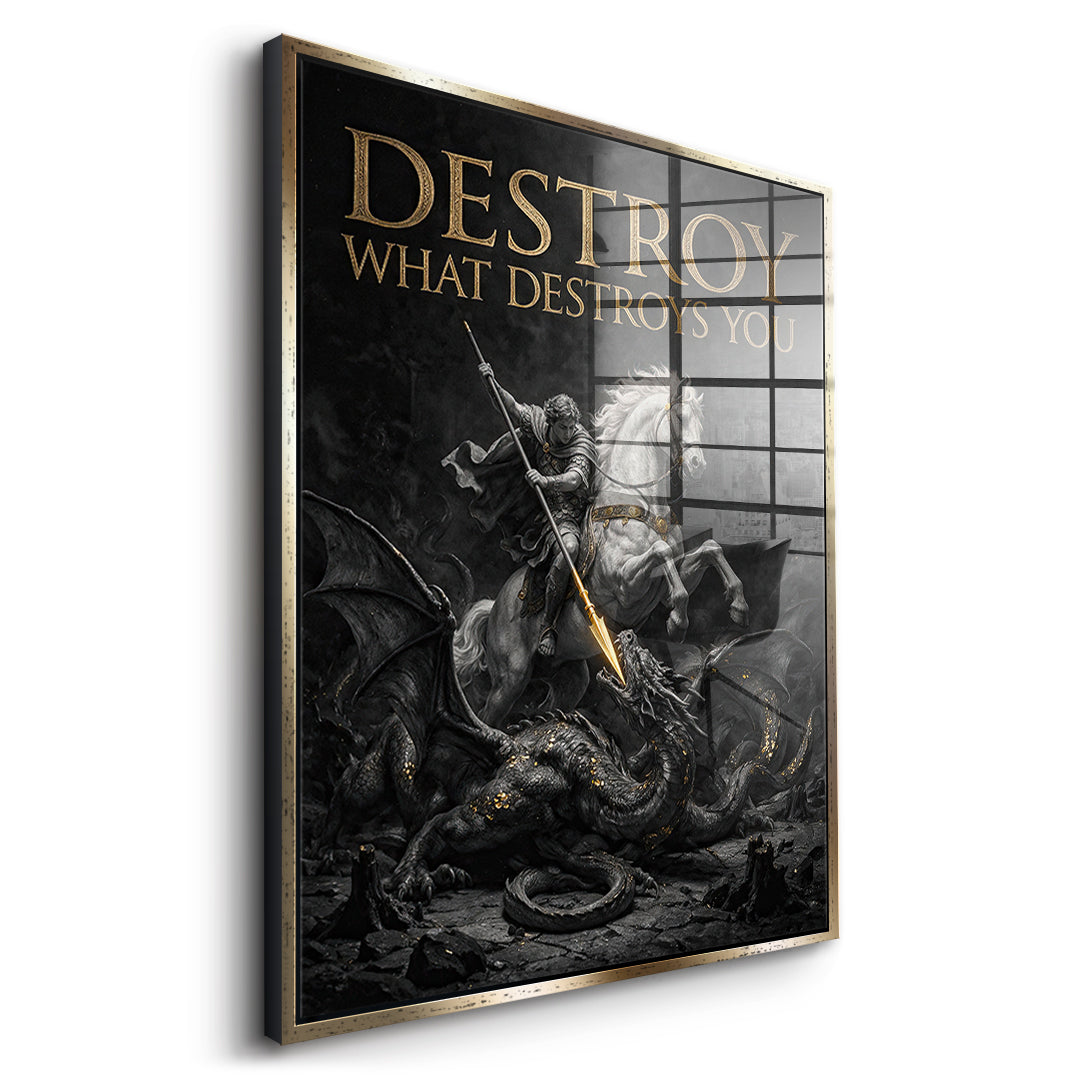 Seitenansicht des Acrylglasbilds Destroy What Destroys You im goldenen Rahmen