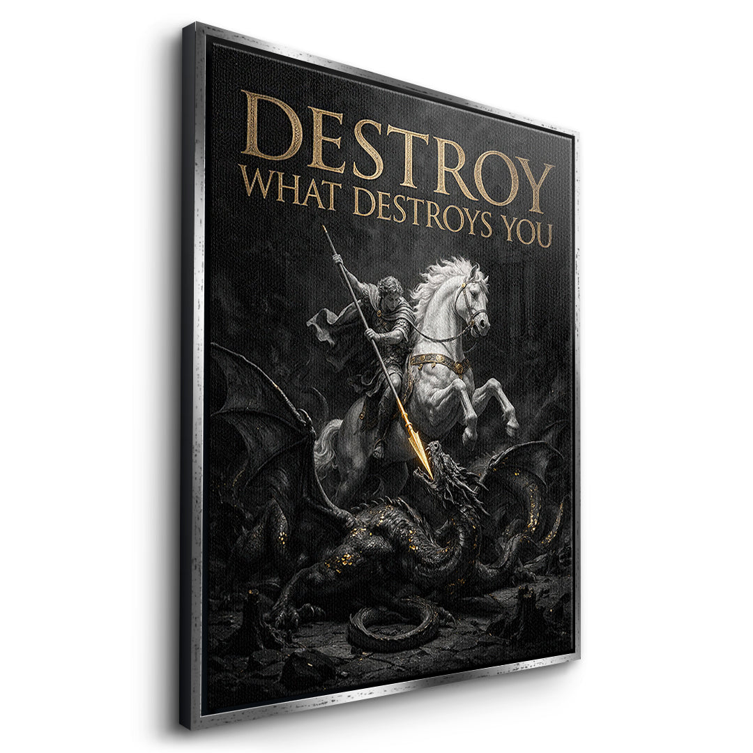 Seitenansicht des Leinwandbilds Destroy What Destroys You im silbernen Rahmen