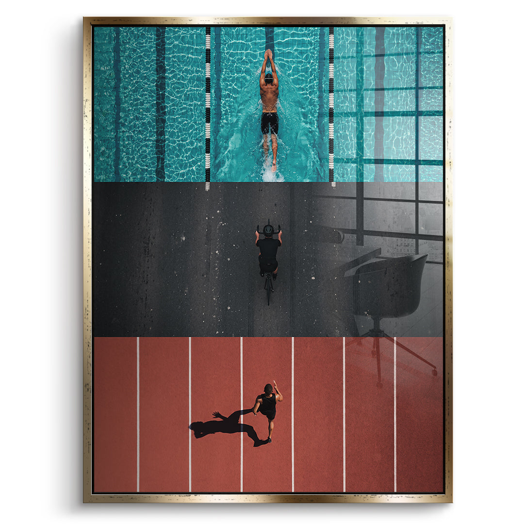 DOTCOMCANVAS Acrylglasbild Triathlon im goldenen Premium-Rahmen