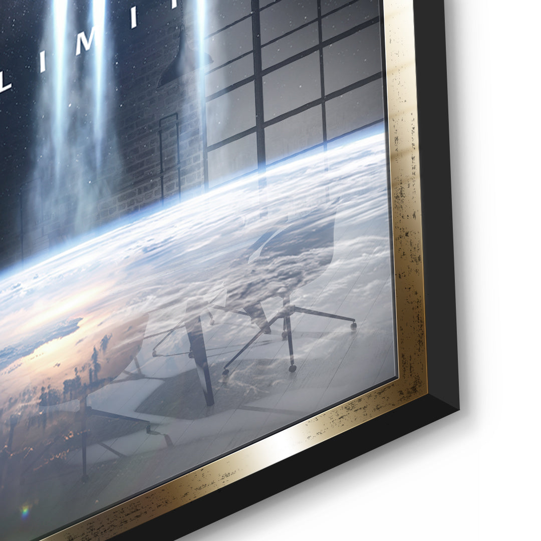 Detailaufnahme des 5mm Acrylglases, No Limit Orbit im goldenen Rahmen