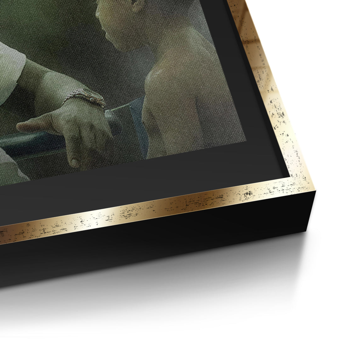 Detailaufnahme der Leinwandstruktur, Control Your Mind im goldenen Rahmen