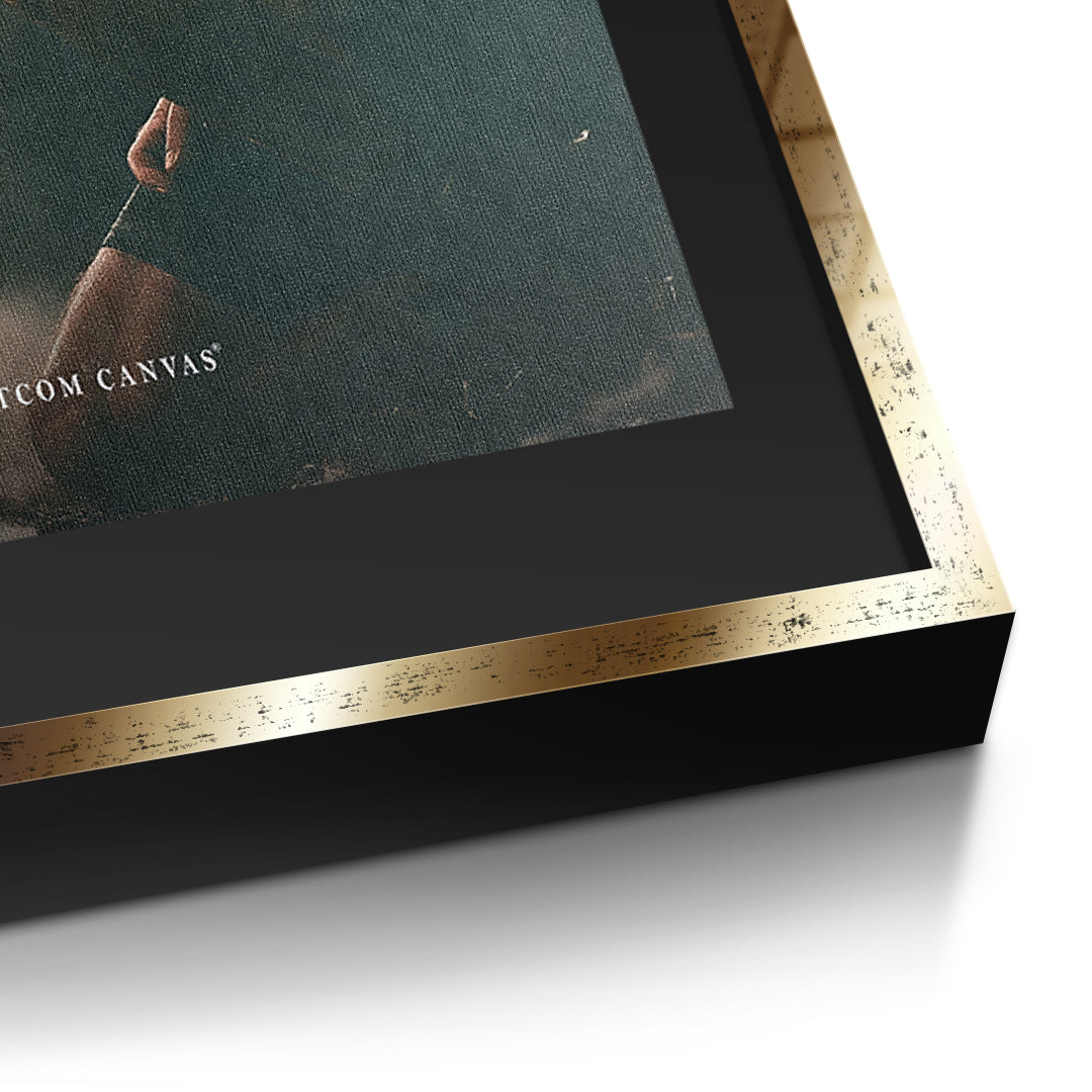 Detailaufnahme der Leinwandstruktur, Pain Is Temporary im goldenen Rahmen