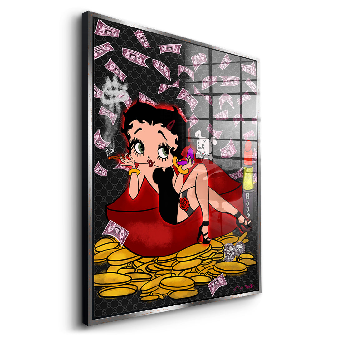 Seitenansicht des Acrylglasbilds Lipstick Money Pin-Up im silbernen Rahmen