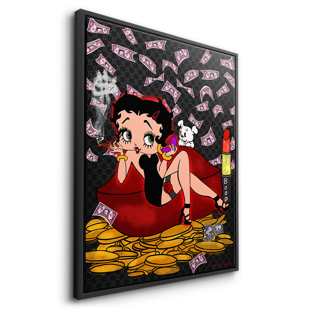 Seitenansicht des Leinwandbilds Lipstick Money Pin-Up im schwarzen Rahmen