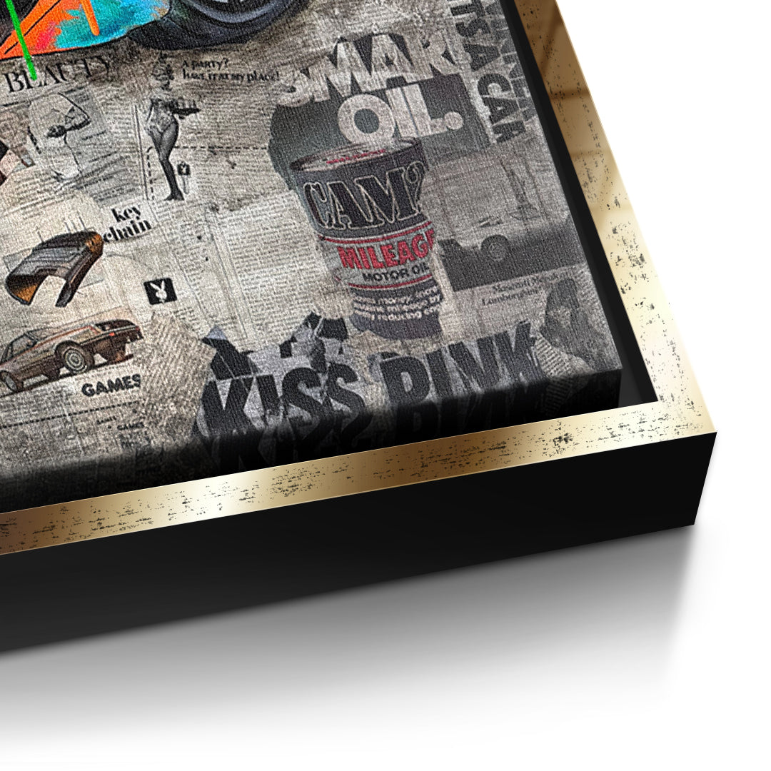 Detailaufnahme der Leinwandstruktur, Cha Million im goldenen Rahmen