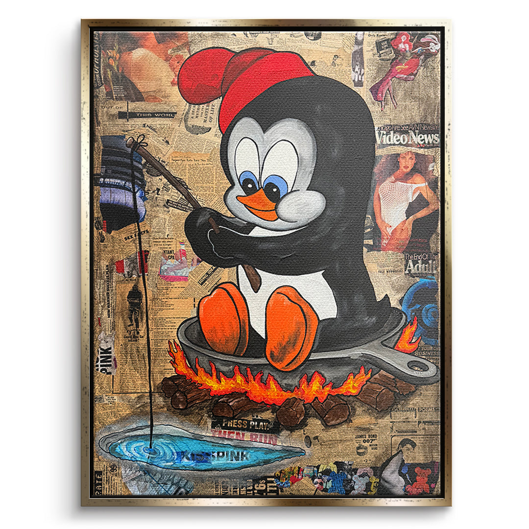 DOTCOMCANVAS Leinwandbild Hot Pan Penguin im goldenen Premium-Rahmen
