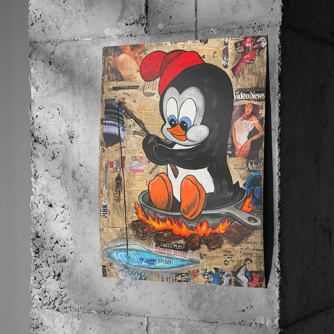 Poster Hot Pan Penguin an einer Betonwand