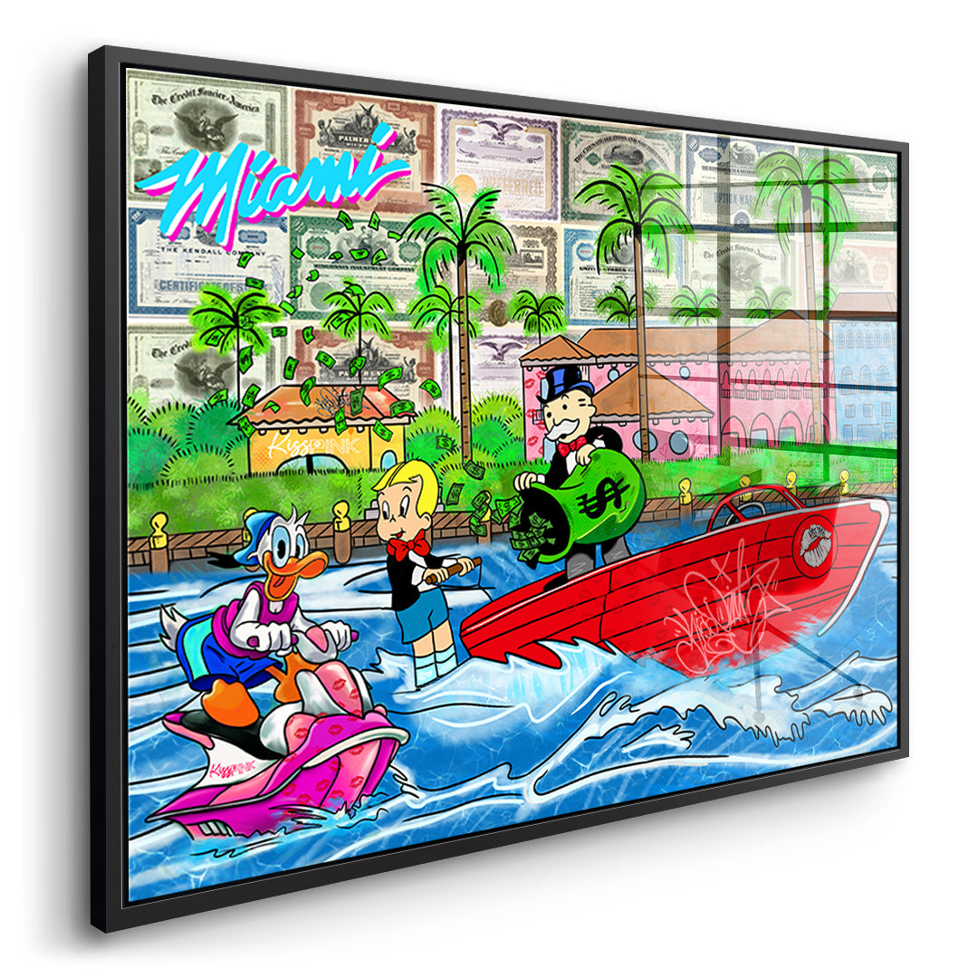 Seitenansicht des Acrylglasbilds Miami Water Life im schwarzen Rahmen